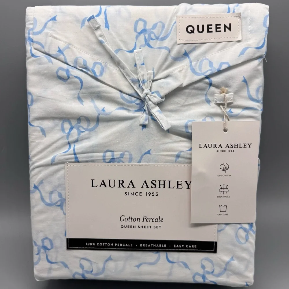 4pc Laura Ashley QUEEN Sheet Set Blue TRAILING BOWS Ribbon Coquette Cottage NEW